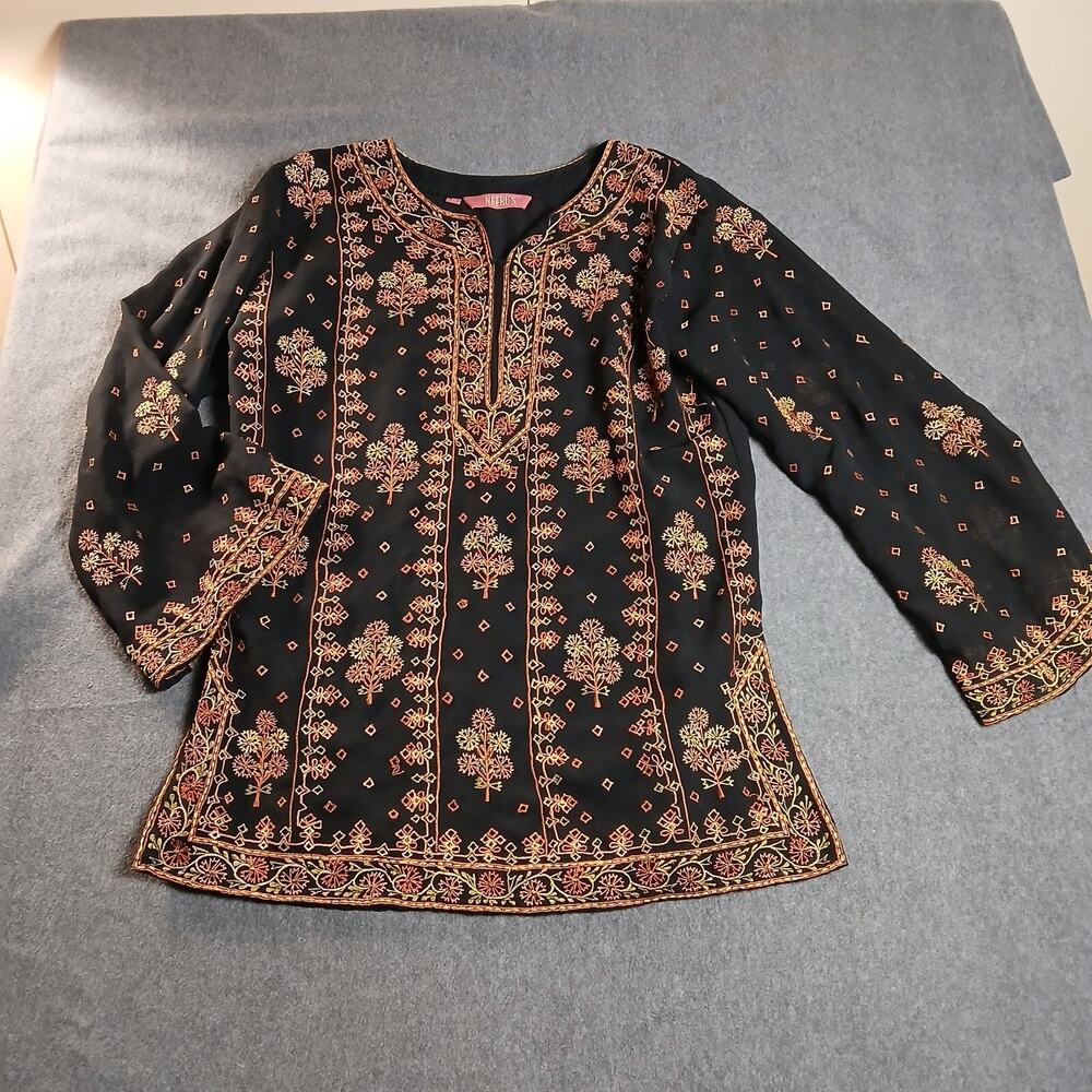 Neerus Womens M Blouse Bohemian Colorful Long Sleeve V neck